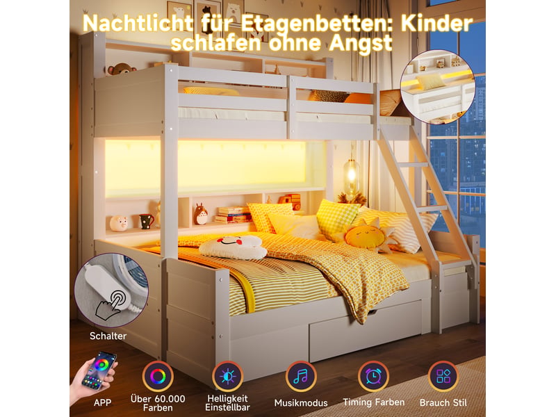  Lit superposé 90x200 cm et 140x200 cm avec led et rangements blanc  - Conforama E