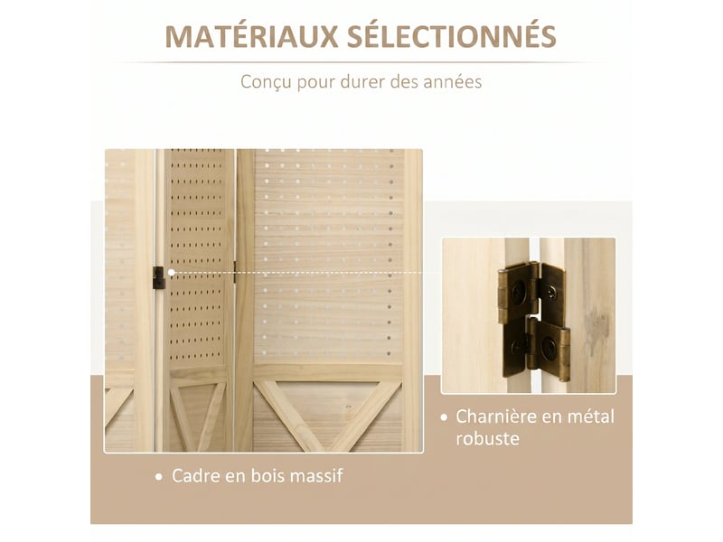  Paravent intérieur en bois 3 panneaux séparateur de pièce pliable panneau perforé bois naturel 114 x 1,7 x 144,5 cm  - Conforama E