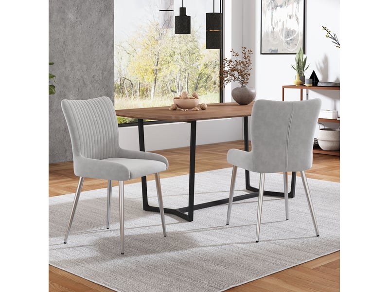  Chaise de salle à manger, lot de 2, en velours gris avec 4 pieds en métal argenté  - Conforama C