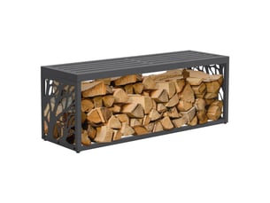Ml-design range-bûches pour intérieur et extérieur avec banc, acier galvanisé, conception 2-en-1 motif branches, rangement bois de chauffage, support d'empilage résistant aux intempéries, 120x38x43 cm
