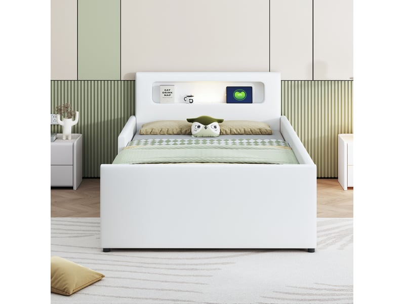  Modenvie lit enfant capitonné 90x200 cm - ports usb, veilleuse led, rangement - sans matelas - blanc  - Conforama D