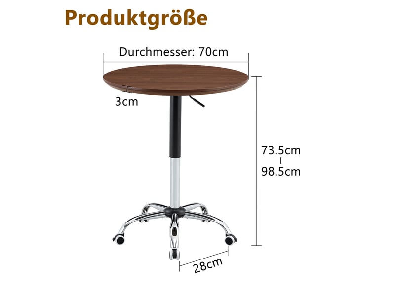 Table de salle à manger réglable en hauteur avec roulettes freinées, plateau rond, pour cuisine et bureau, noyer, ø 70 cm - Conforama E