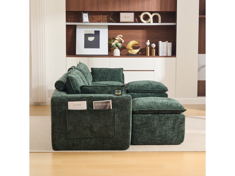  Canapé modulable 4 places en chenille vert foncé avec 2 poufs et porte-gobelets intégrés  - Conforama E