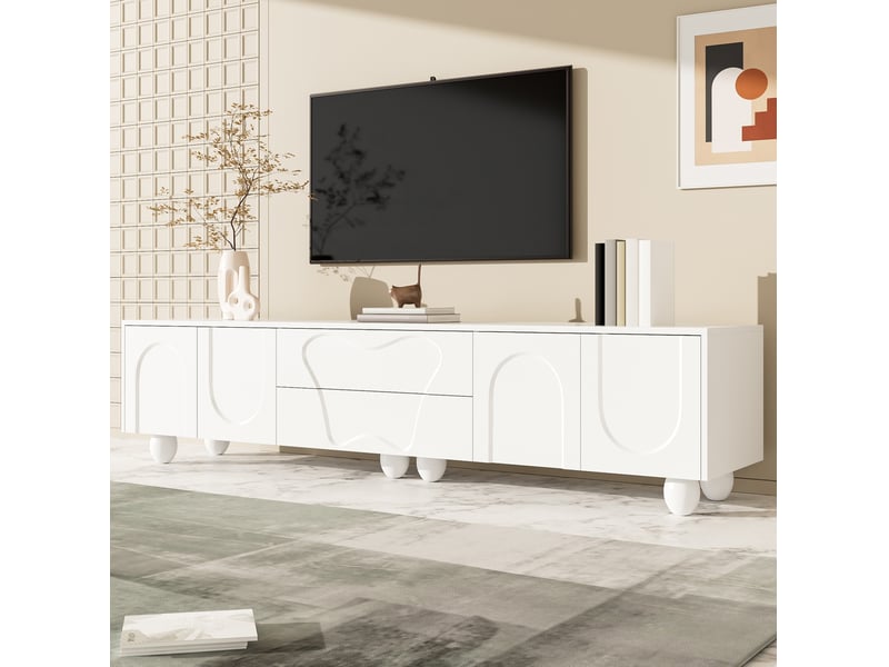  Meuble tv blanc mat 180 x 40 x 42 cm, 2 tiroirs, rangements et pieds en bois  - Conforama E
