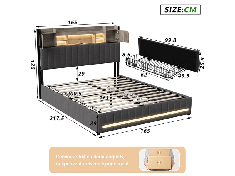  Lit 160x200cm - lit double 160x200cm - lit avec tête de lit de rangement led rgb, station de charge et 2 tiroirs - gris  - Conforama E