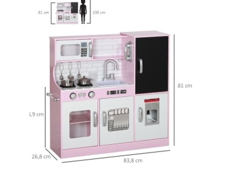  Cuisine jouet avec casseroles, 83,8x26,8x81 cm, tableau noir, téléphone, machine à glaçons, cuisinière, bois, rose  - Conforama D
