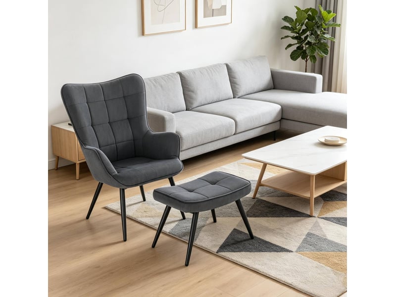  Fauteuil avec pouf en velours côtelé avec dossier haut et structure métallique gris foncé  - Conforama E