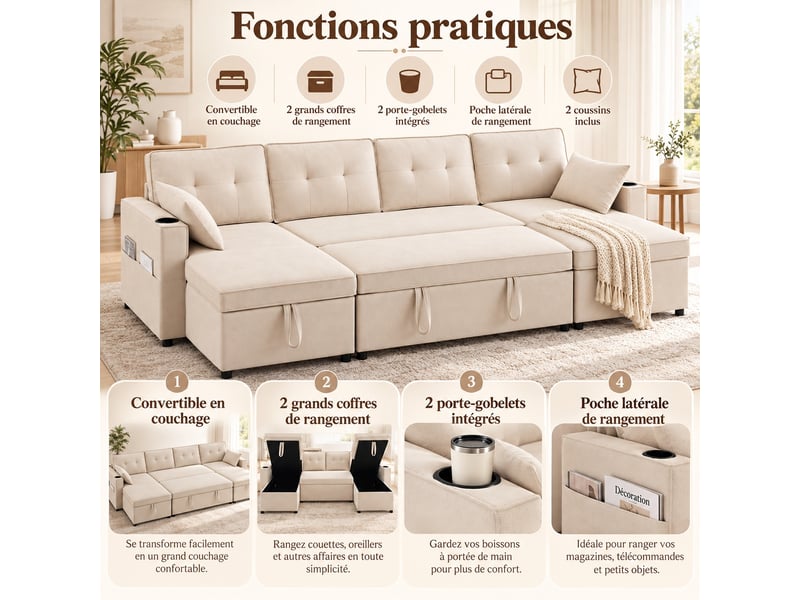 Canapé panoramique convertible 4 places avec coffres, porte-gobelets et poches latérales, tissu beige, 270 × 130 cm - Conforama D