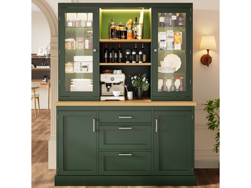 Meuble de cuisine avec éclairage led 185 x 140 x 40 cm , 3 tiroirs, plan de travail, étagères réglables,vert evarich - Conforama B