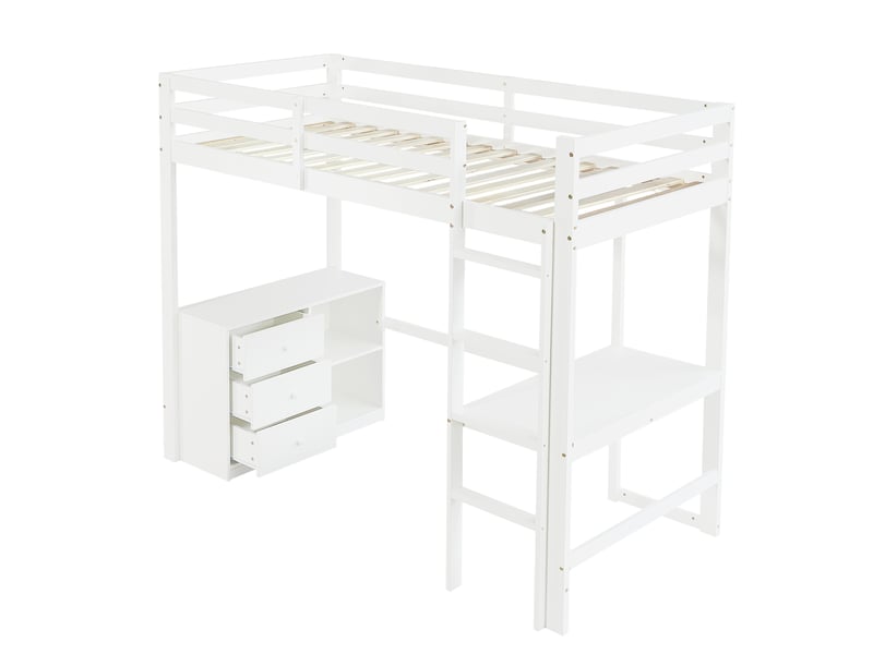  Lit mezzanine enfant 90 x 200 cm blanc en bois et mdf, bureau, commode 3 tiroirs et étagères de rangement  - Conforama D