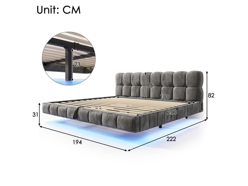  Lit double coffre 180x200 cm en chenille grise avec led et ports usbtype-c  - Conforama C