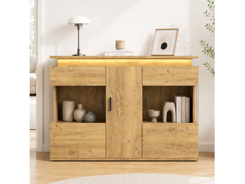 Buffet bas led avec prise et ports usb 120 cm chêne clair evryae - Conforama C