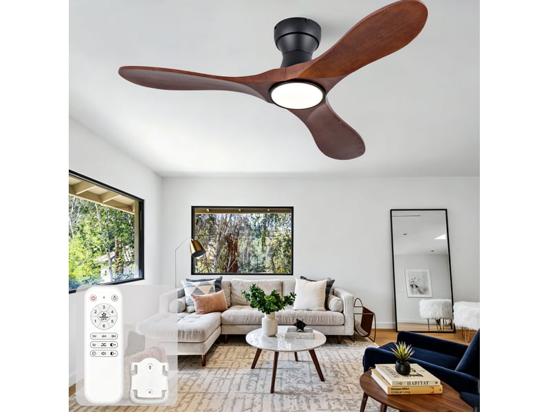 Ventilateur de plafond 42 pouces avec éclairage et télécommande – noir et noyer foncé – 6 vitesses - Conforama D