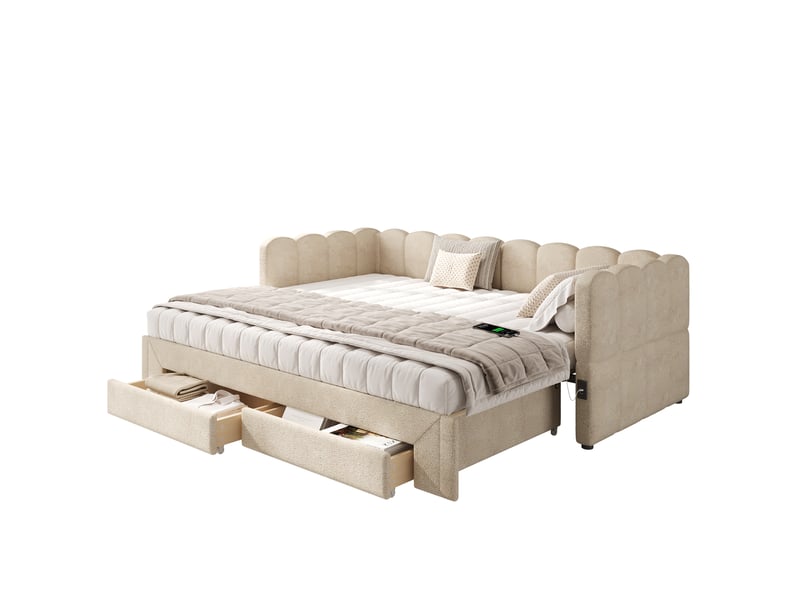 Lit banquette extensible 90 × 200 à 180 × 200 cm, 2 tiroirs, chenille beige IKSETERA TRADING LTD - Conforama A