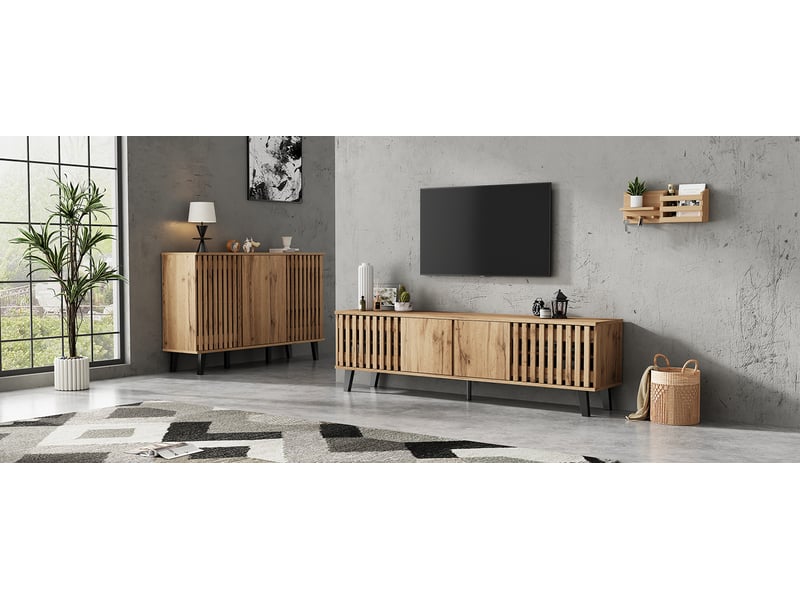  Meuble tv 180x40x55 cm et buffet 150x40x95 cm en bois naturel - 8 compartiments tv, 6 étagères buffet, portes ouvrantes, passe-câbles, base stable  - Conforama C