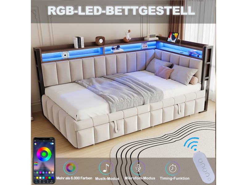  Canapé-lit 90x200cm avec lit gigogne, led, rangements et usb type-c, velours beige, design pratique  - Conforama C