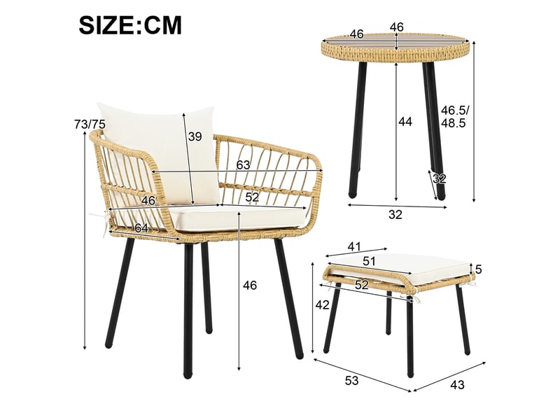  Salon de jardin 5 pièces ø46 cm – blanc et naturel – 2 fauteuils, 2 poufs et table ronde en rotin tressé  - Conforama C