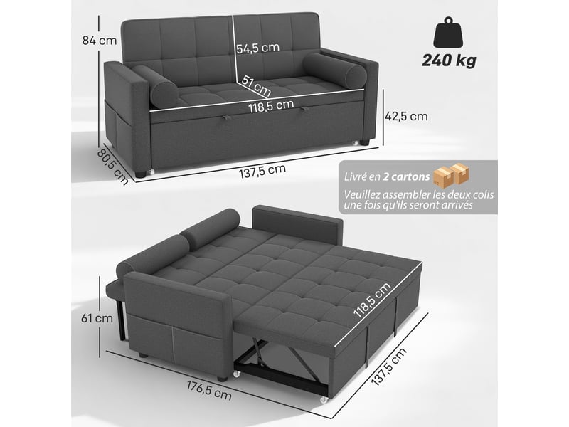 Canapé convertible 2 places 3 en 1 canapé-lit avec lit gigogne double dossier réglable 2 coussins gris 80,5x137,5x84cm - Conforama C