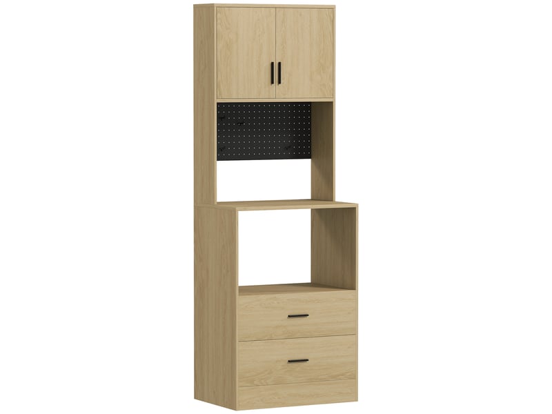 Meuble micro-ondes, buffet, 2 tiroirs, 2 portes, plan de travail, étagère réglable, 4 crochets, panneau perforé, naturel - Conforama B
