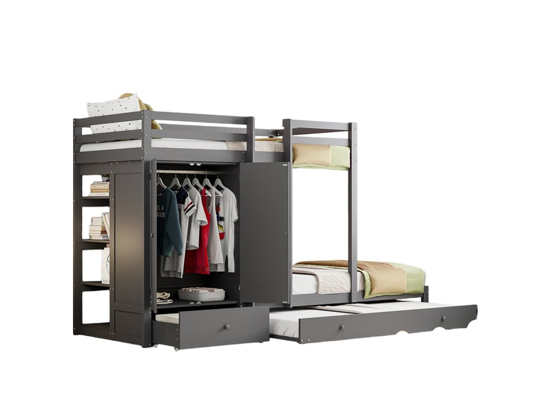  Lit superposé 90x200 cm - lit combiné enfant avec lit gigogne, rangement tiroirs et escalier sécurisé, sans matelas, gris  - Conforama A