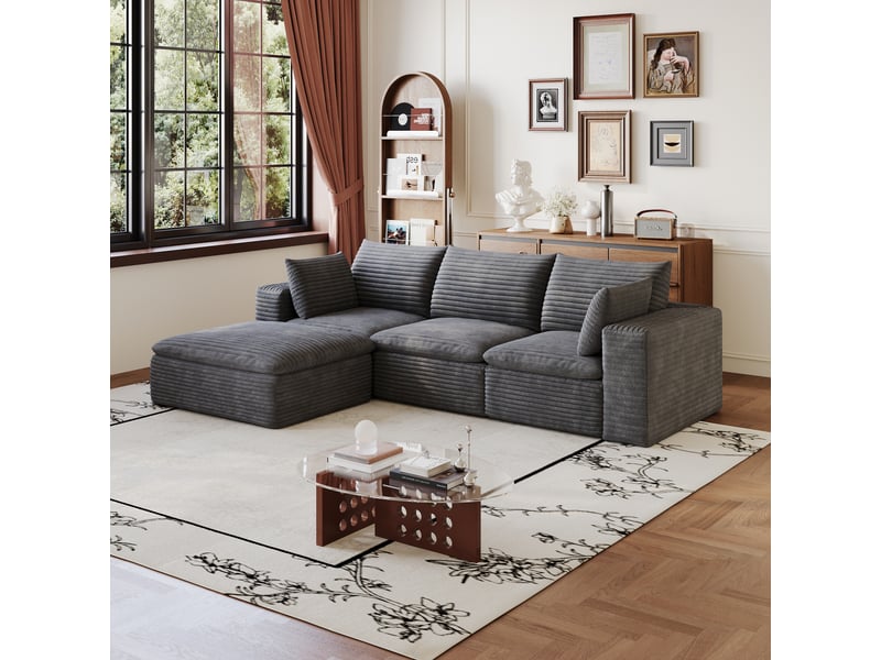 Grand canapé nuage 260 cm en velours côtelé gris foncé, déhoussable et sans montage pour salon et appartement - Conforama W