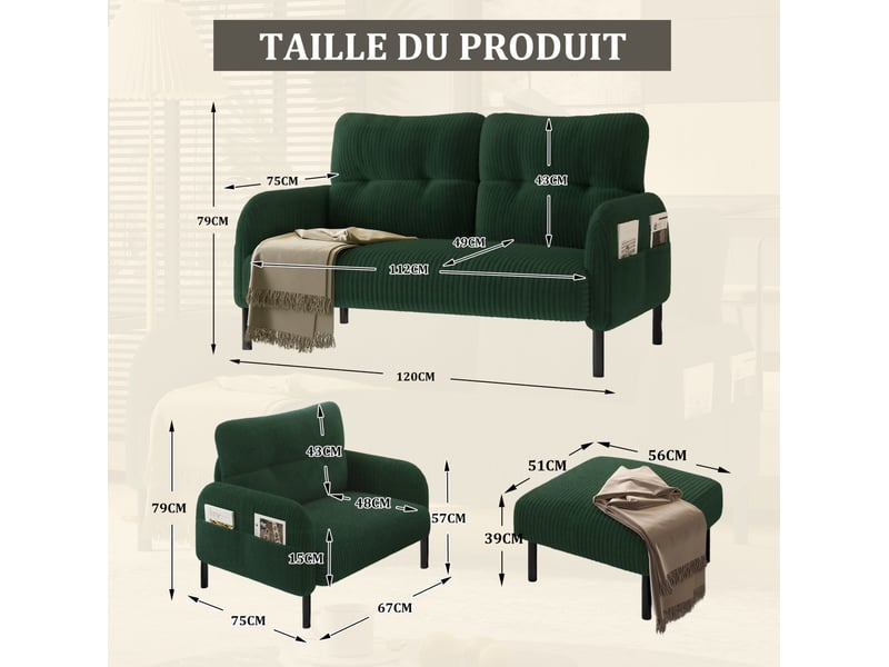 Canapé droit 4 places avec fauteuil et pouf en velours côtelé vert émeraude, ensemble modulable contemporain - Conforama C