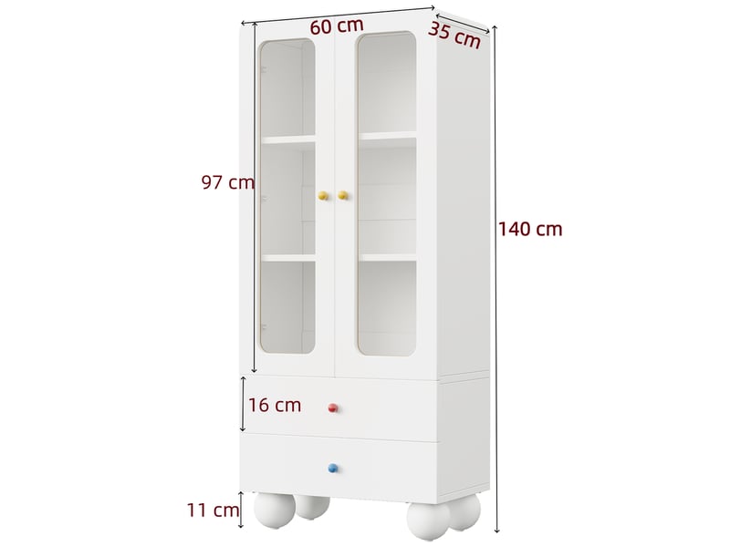 Vitrine pour enfant avec portes en verre, tiroirs et étagères, poignées en céramique colorée et pieds arrondis, meuble de rangement pour chambre, bureau ou collections OPULERANE TRADING LTD - Conforama D