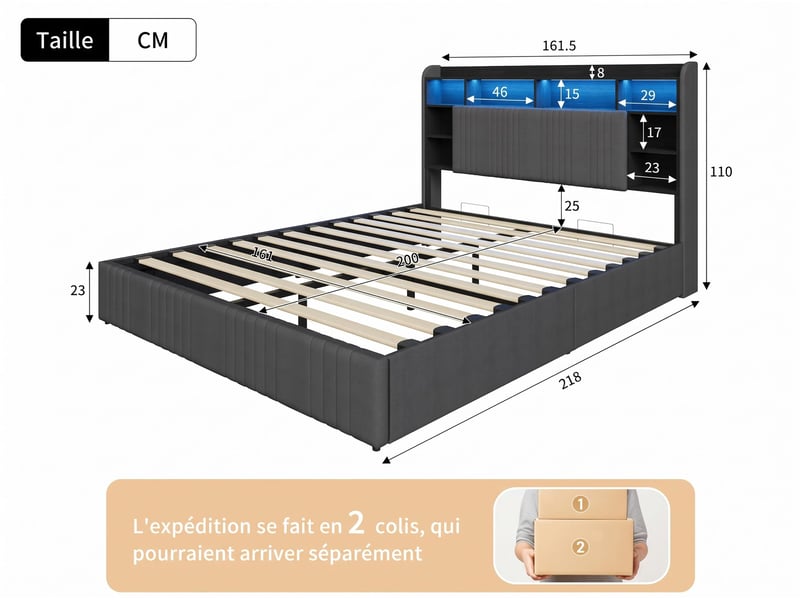  Lit 2 places 160x200 cm – lit coffre – tête de lit avec espace de rangement – ​​ ports usbtype-c – éclairage led rgb –  sommier à lattes – lin gris  - Conforama C