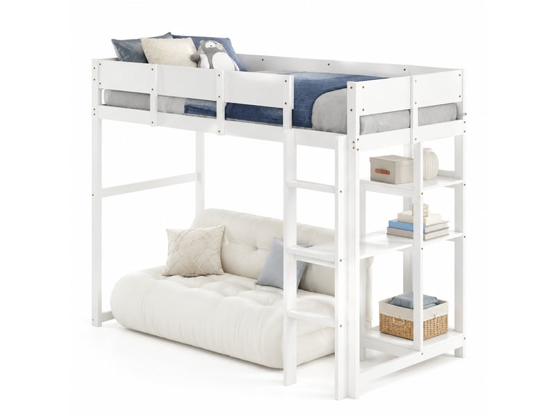  Lit mezzanine enfant 90 x 200 cm avec étagère, sommier à lattes et échelle blanc  - Conforama A