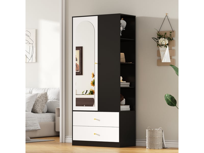  Armoire penderie avec miroir 80 x 40 x 180 cm – 1 porte miroir 2 tiroirs et 4 niches – mdf - noir et blanc  - Conforama B