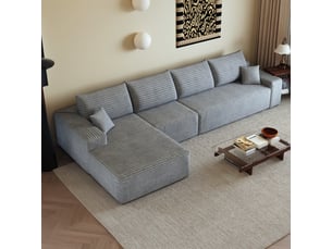 Canapé d'angle modulable 4 places en velours côtelé gris, 340 x 175 x 83 cm, méridienne gauche, sans montage, livré compressé, assise profonde