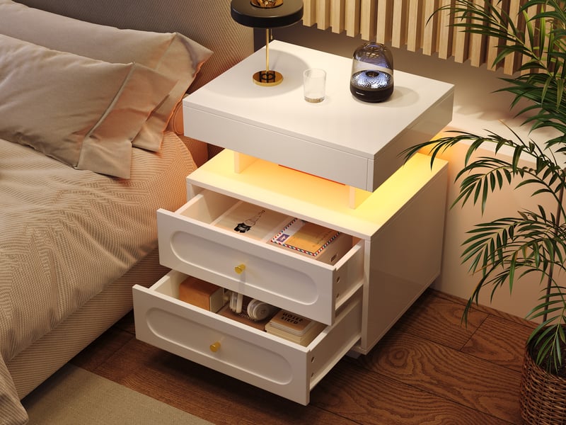 Table de chevet led blanc 100 x 40 x 60 cm, 2 tiroirs et niche ouverte, panneau de particules - Conforama B