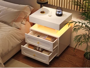 Table de chevet led blanc 100 x 40 x 60 cm, 2 tiroirs et niche ouverte, panneau de particules