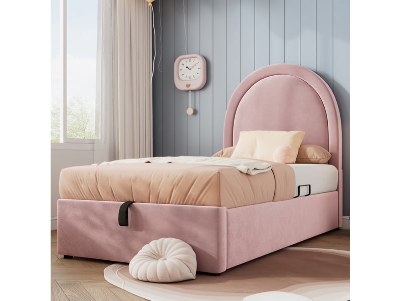  Lit enfant avec rangement coffre, 90x200 cm, tête de lit haute, sommier à lattes, matelas inclus, velours, coloris rose  - Conforama D