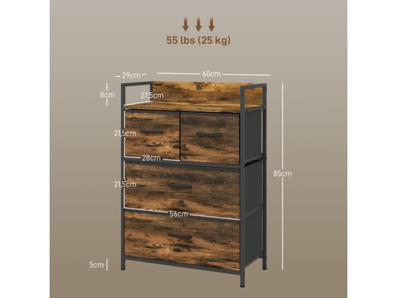  Commode industrielle marron et noire, 4 tiroirs tissu, 60x29x85 cm, rangement moderne  - Conforama C