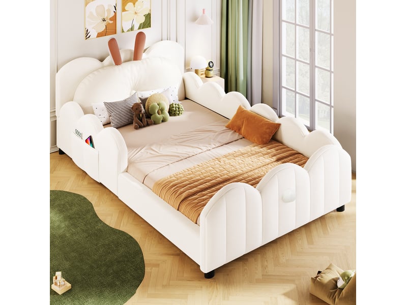  Lit enfant plateforme 90x200 cm beige rembourré avec barrières et coussin lapin  - Conforama B