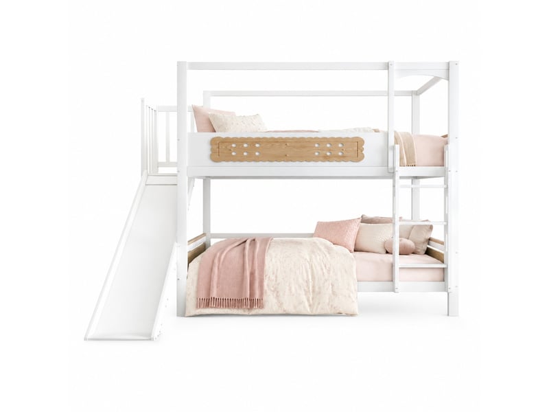  Lit superposé enfant 90 × 200 cm 2 places avec toboggan, barrières et large échelle, sans matelas, blanc et bois  - Conforama A