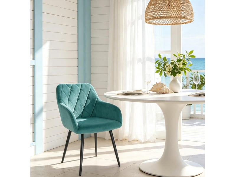  Chaise de salle à manger avec accoudoirs en velours bleu canard et pieds en métal  - Conforama C