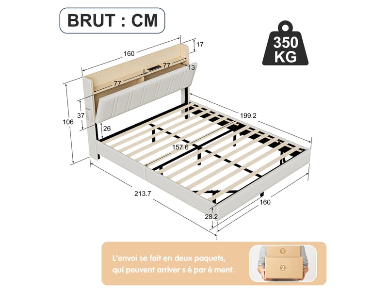  Kefsr lit adulte 160x200 cm avec sommier et led, cadre de lit double 2 places avec rangement et prises usb, lit suspendu 160x200 cm similicuir blanc  - Conforama C