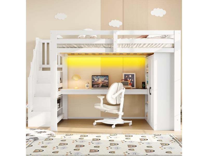  Lit mezzanine 140x200 cm avec bureau et étagère, armoire, lit enfant a escalier avec rangements, blanc, ports usb et éclairage led  - Conforama D