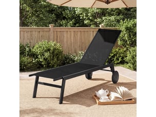Chaise longue de jardin en tissu respirant avec structure métallique, chaise d'extérieur à dossier inclinable 6 positions, 2 roues et pieds