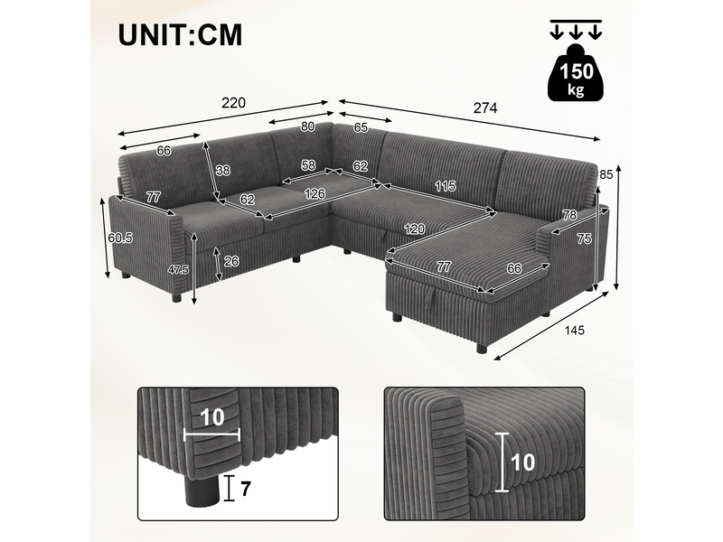  Canapé panoramique gris en velours côtelé, 220 × 274 × 85 cm, avec couchage et rangement, pour salon  - Conforama B