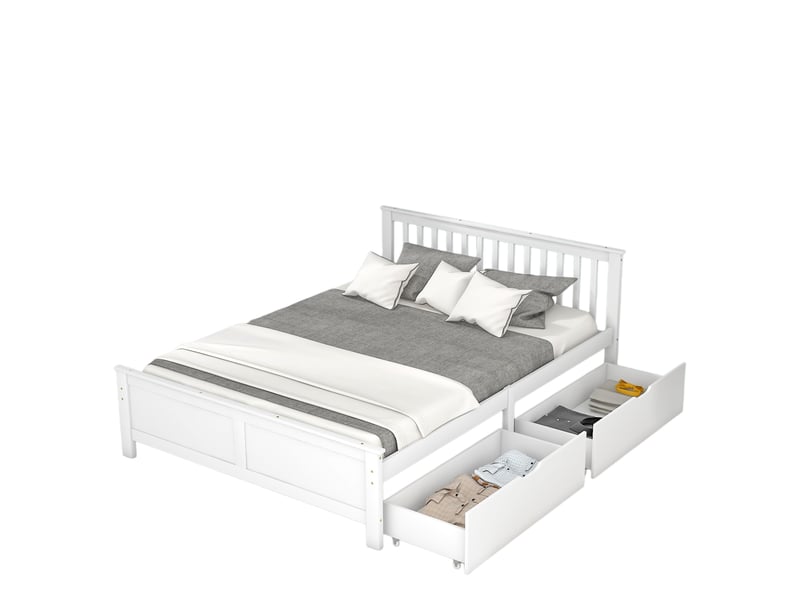  Lit double 140x200 cm avec 2 tiroirs de rangement intégrés – sans matelas – pin et mdf – blanc  - Conforama A