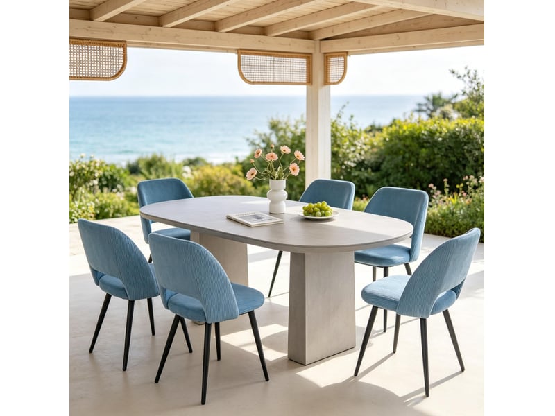  Chaise de salle à manger lot de 6 avec dossier ergonomique et pieds en métal noir, en tissu côtelé bleu  - Conforama B