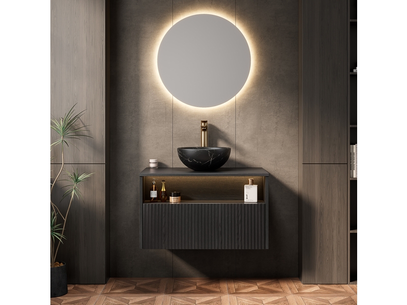 Meuble sous vasque suspendu 1 tiroir, niche, vasque en céramique et led pour salle de bain noir 80 × 46 × 60,8 cm - Conforama B