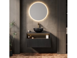 Meuble sous vasque suspendu 1 tiroir, niche, vasque en céramique et led pour salle de bain noir 80 × 46 × 60,8 cm