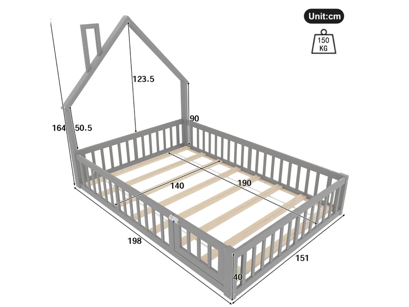  Lit enfant cabane 140 x 190 cm avec sommier à lattes et barrières, gris en pin et mdf  - Conforama C