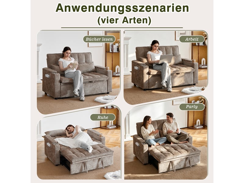  Canapé-lit 2 places 3 en 1 142x89x89 cm effet nuage avec rangements accoudoirs, porte-gobelets et 2 coussins lombaires marron  - Conforama E