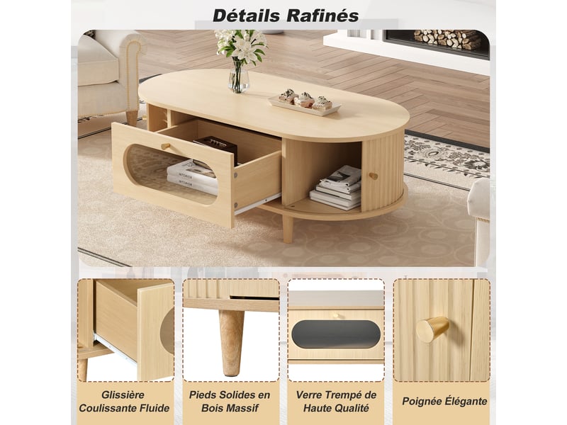  Table basse ovale 100 x 50 x 36 cm avec 1 tiroir et porte tambour, meuble de salon avec rangement, mdf et acrylique, bois naturel evarich - Conforama E