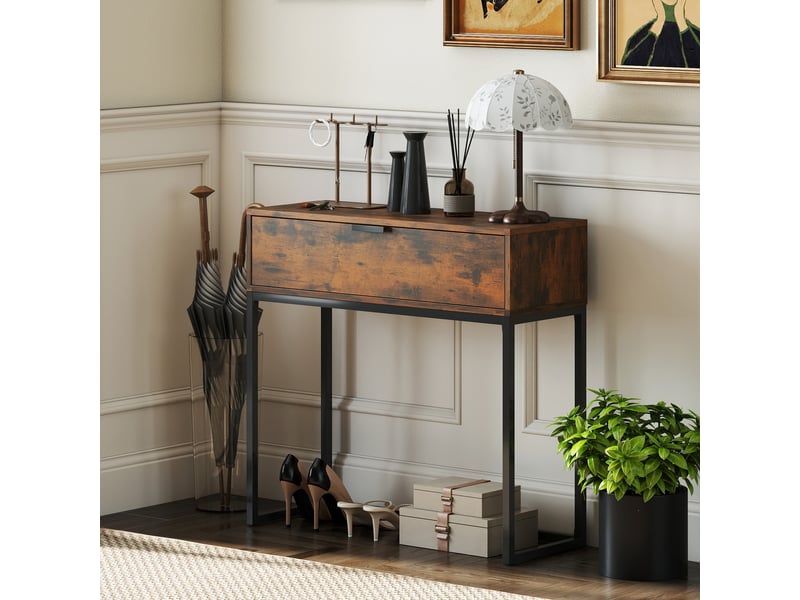 Console avec tiroir, style industriel, pour entrée ou salon, 80 x 30 x 76 cm, noire  - Conforama D